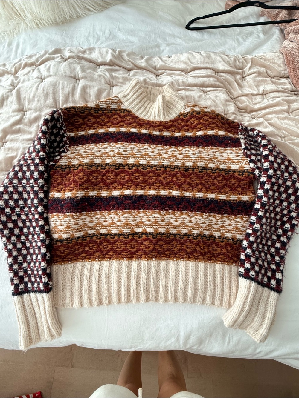 Veronica Beard Cream, Brown & Burgundy Fair Isle Mock Neck Sweater